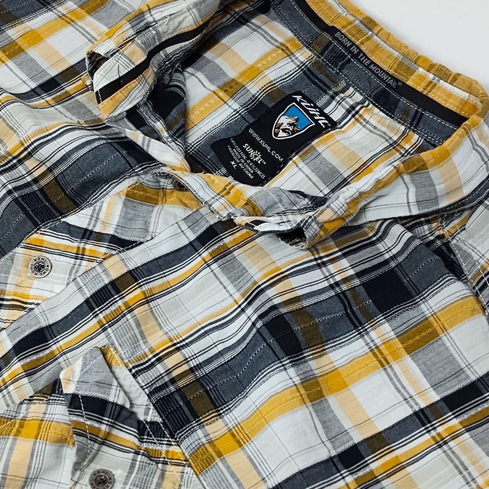 Kuhl Suncel Shirt Mens XL Yellow Plaid Short Sleeve Metal Button Outdoor Casual